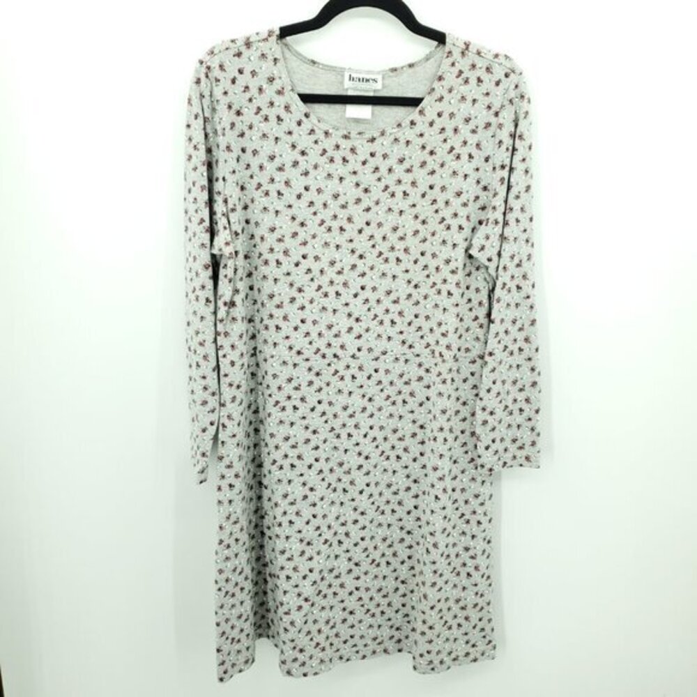 VTG 90s Hanes Floral Print Scool Neck Long Sleeve Knit T-Shirt Dress L Gray/Pink